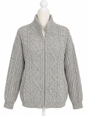 Jenny Women’s XL Gray Cable Knit Full Zip Cardigan Sweater Cottagecore Vintage